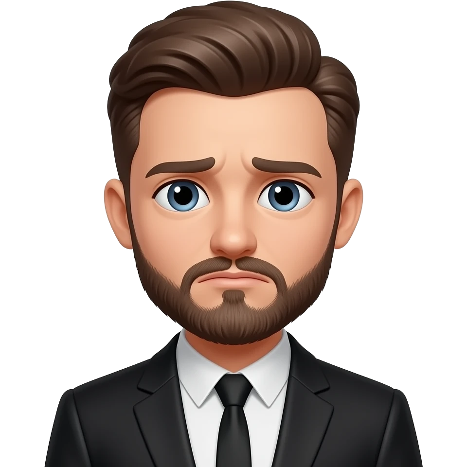 ittle-grown-beard-freshly-shaven-brown-hair-and-eyes-black-suit-jacket-black -- sad face emoji