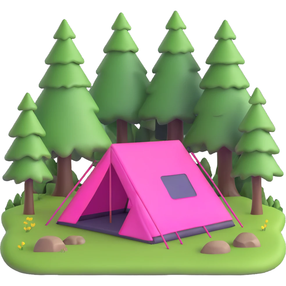 bright pink tent in a forest clearing with grass emoji