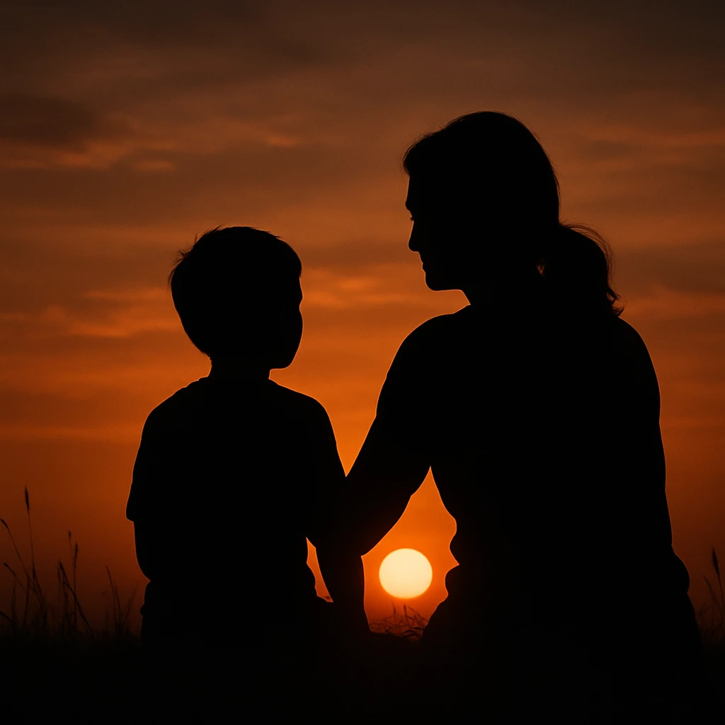 Silhouette of a mother and son watching the sunset together, serene and artistic emoji