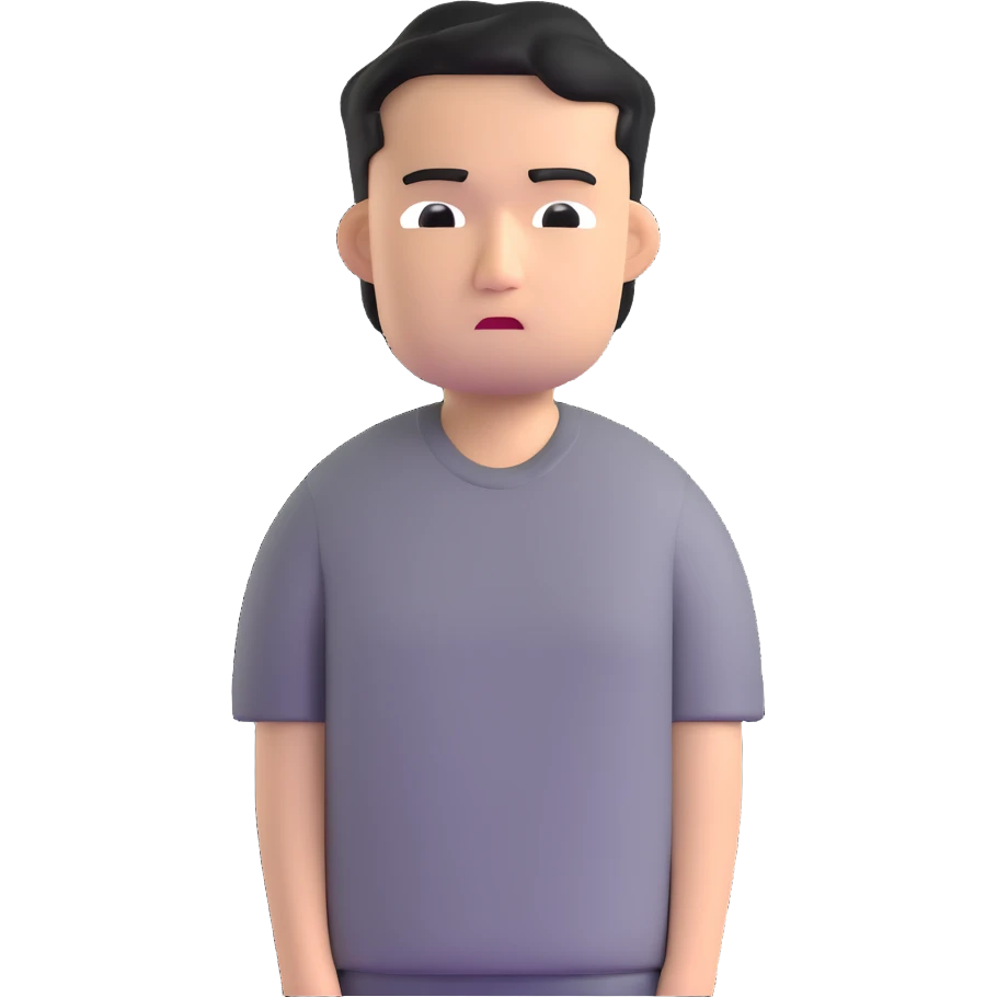 Asian man in a gray shirt with a frown emoji