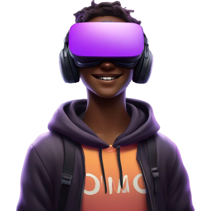 Happy student wearing a black hoodie with "OMG" letters on it and VR headset oculus quest 2 in a cyberpunk VR environment with violet neon lighting. emoji