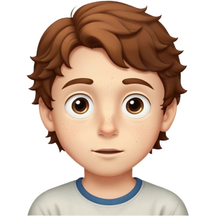 A young boy with wavy brown hair, large expressive eyes, and freckles across his cheeks. He has a curious and adventurous expression, with slightly raised eyebrows and a gentle smile, light skin emoji