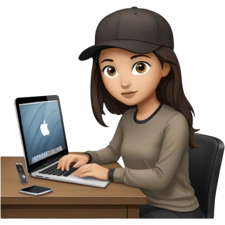 A professional 3D avatar of a young woman with olive skin and long, dark brown hair, wearing a dark, long-sleeved classy taupe shirt and a black baseball cap. She's sitting at a sleek wooden desk, typing and looking at a silver MacBook.  emoji