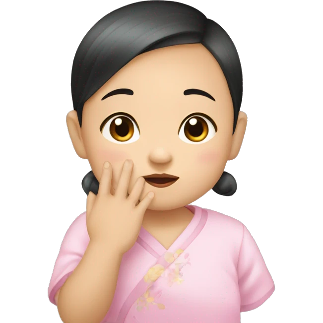 chinese baby girl posing with her hand on her chin, like hand holding her face up , one hand, and hand has palms open emoji