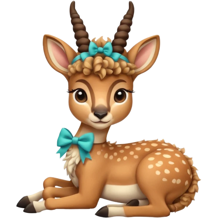 cute gazzelle with curly fur, sitting down, wearing a bow on its head. emoji