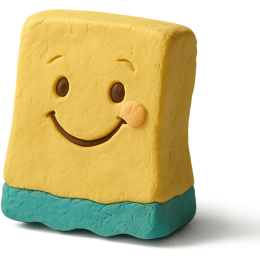 cleaning sponge with a cute smiling face, playful expression, pastel colors in claymation style emoji