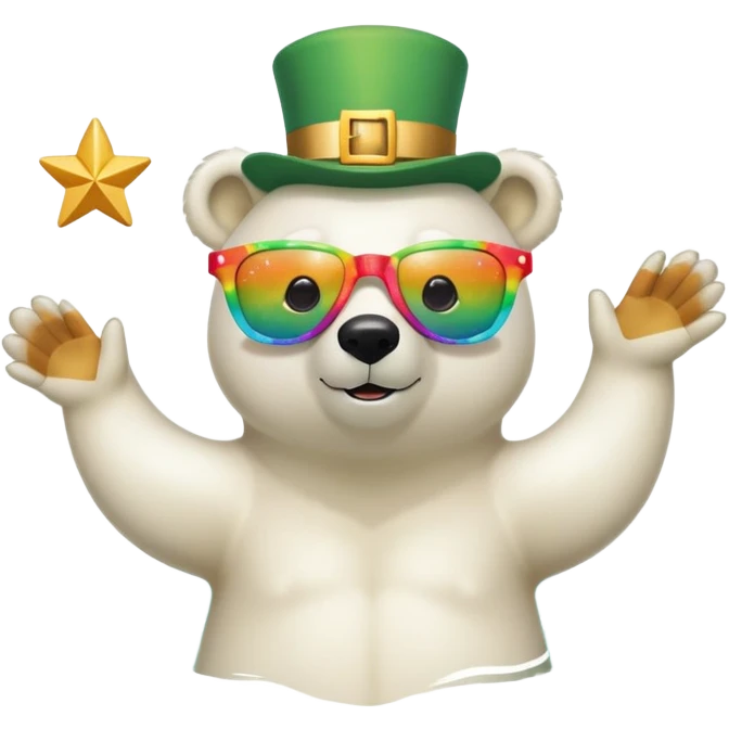 friendly anthropomorphised polar bear wearing oversized colorful star glasses and festive St. Patrick's Day outfit, swimming freestyle with joyful expression emoji