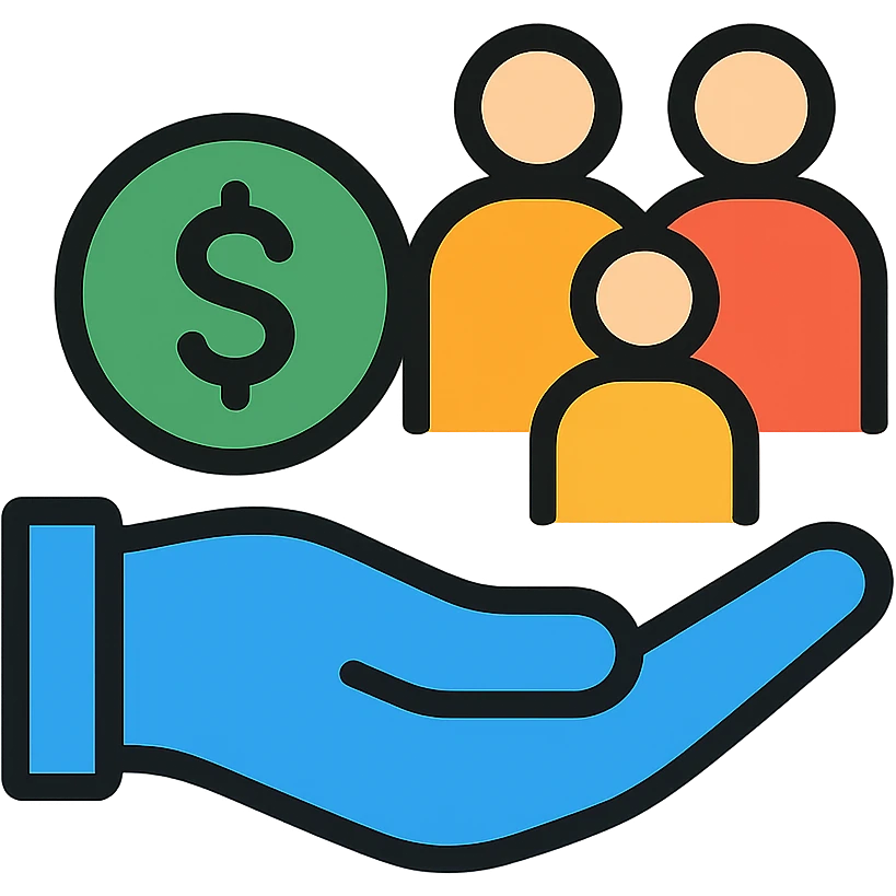 Hand giving money to a family, financial support and contribution emoji