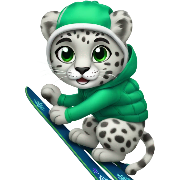 Snow leopard skiing green skis emoji