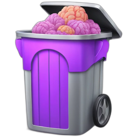 a silver trash bin with a smiley face filled with single purple brain emoji