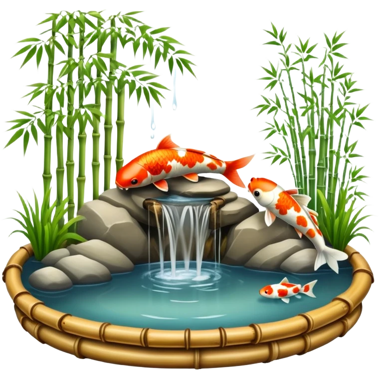 Romantic Asian koi fish pond and bamboo fountain scenic scenery landscape deco emoji