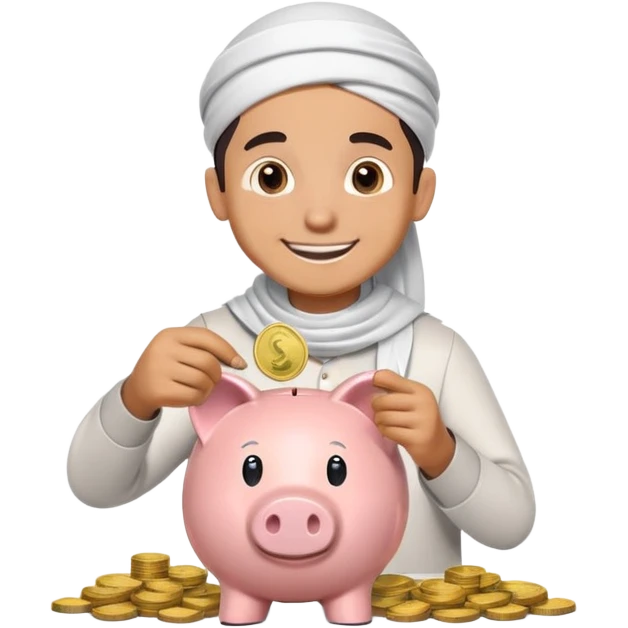 smiling Muslim boy carefully putting coins and bills into piggy bank, emoji style emoji