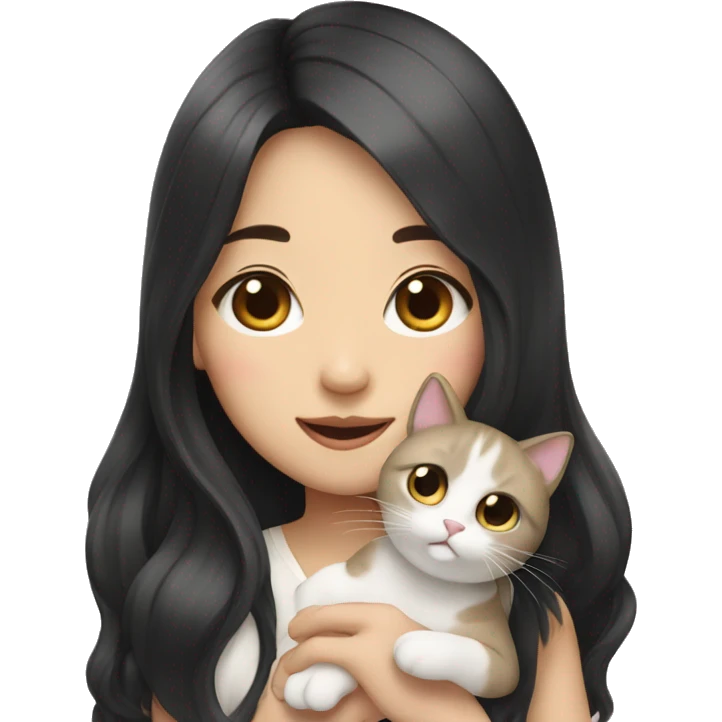 Korean girl with long black hair holding 2 cats emoji