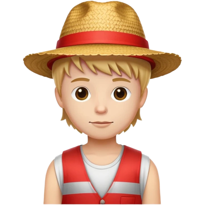 White kid with a straw hat that has a red stripe horizontally, and is wearing a red sleeveless vest emoji