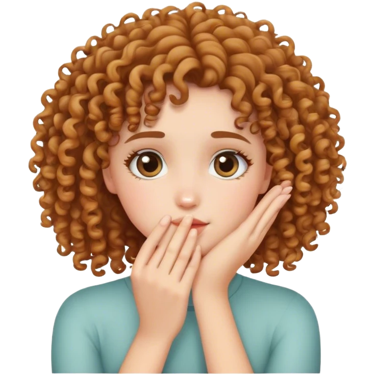 Curly haired girl holding her hand against her face in a cute way emoji