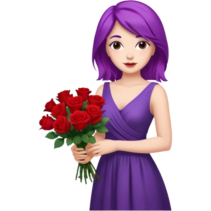 Faça uma mulher de cabelo roxo bem poderosa com vestido bem longo com umas rosas de buquê emoji