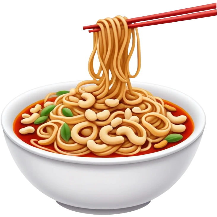 Chongqing Xiaomian spicy noodles with red oil and peanuts, simplified emoji style with bold outlines and bright colors, cartoon style Sichuan street food emoji