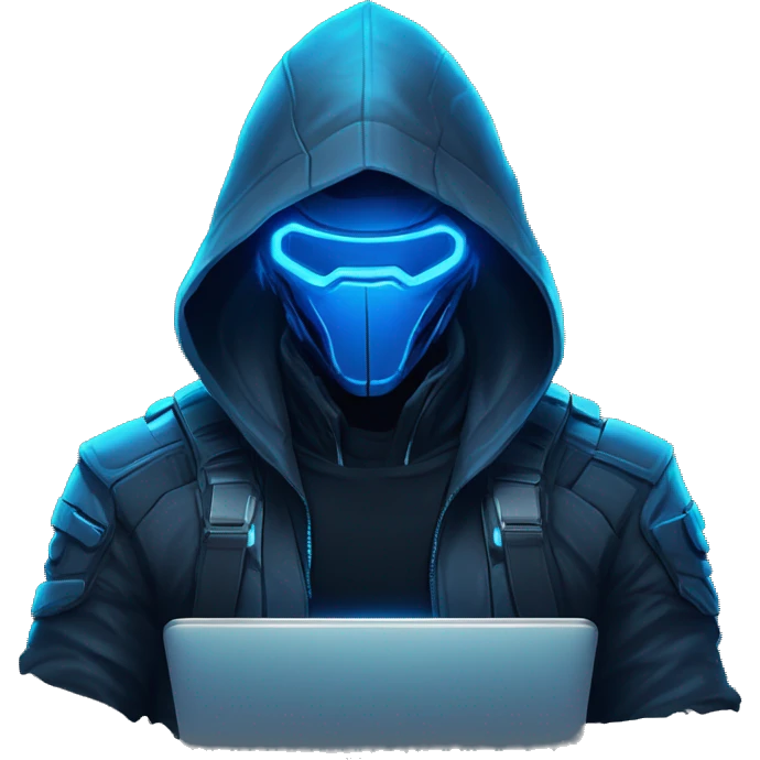 developer behind his laptop with this style : crysis Cyberpunk Riot Games Valorant neon glowing bright blue character blue black hooded assassin themed character emoji