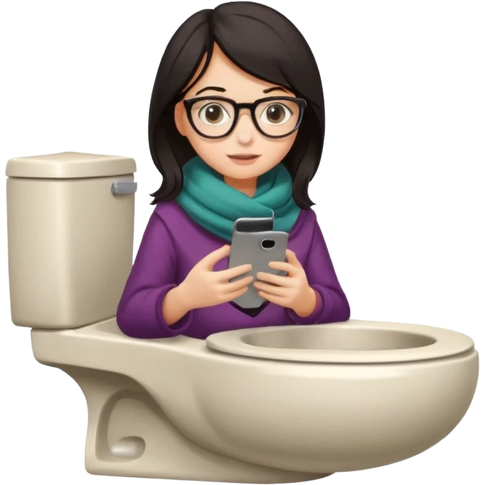 Fille châtain foncé avec lunettes. Elle porte une grosse écharpe. Elle est dans une cuvette de toilette. Téléphone en main. Realiste emoji