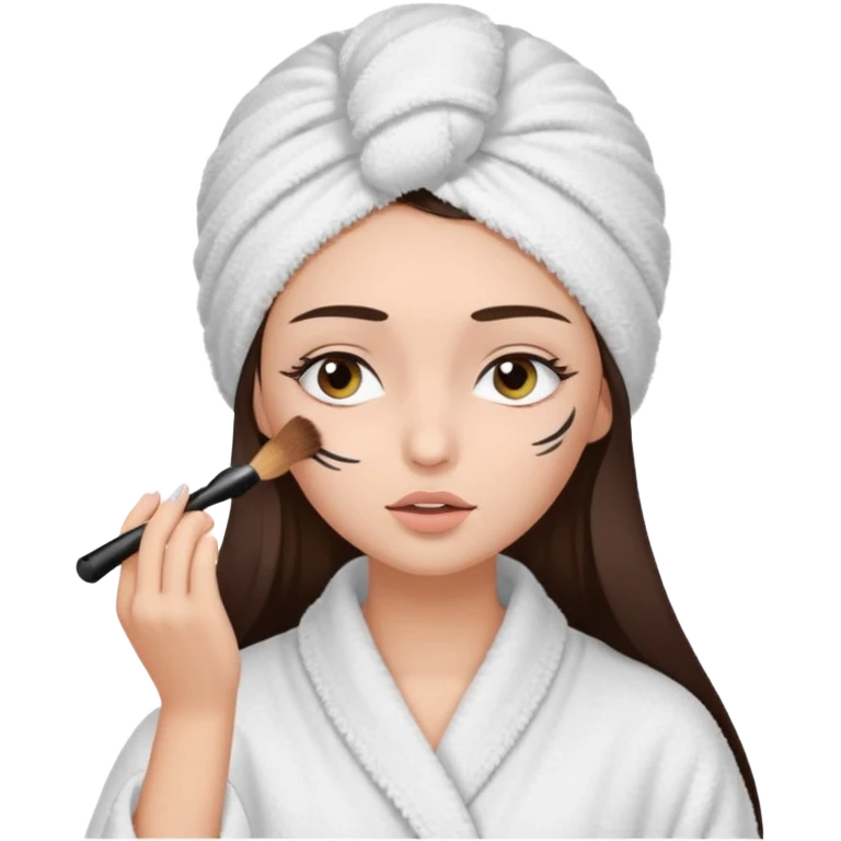 Girl with brown hair in white dressing gown and white towel wrapped in her head doing her makeup. Eyes closed white dark hair and towel wrapped differently doing mascara emoji