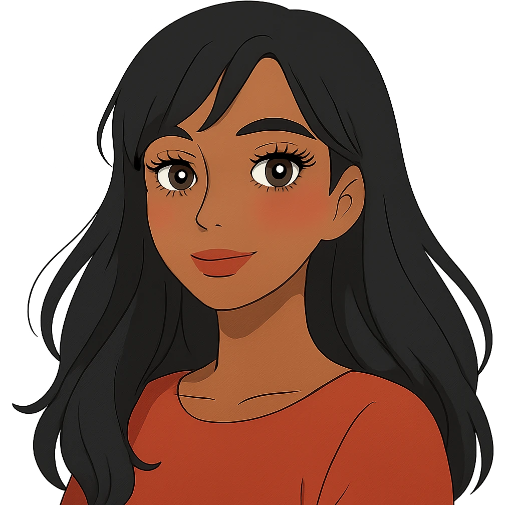 ghibli style pretty girl with long black hair, button nose, brown eyes, dark skin, pretty makeup and lashes emoji