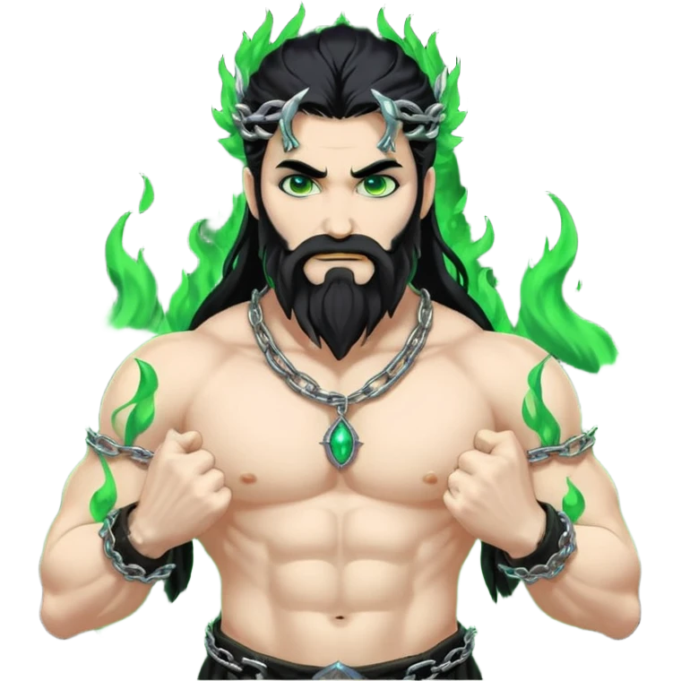 hades greek god with green flames and beard with chains on his arms and neck, Long hair. Dynamic pose emoji