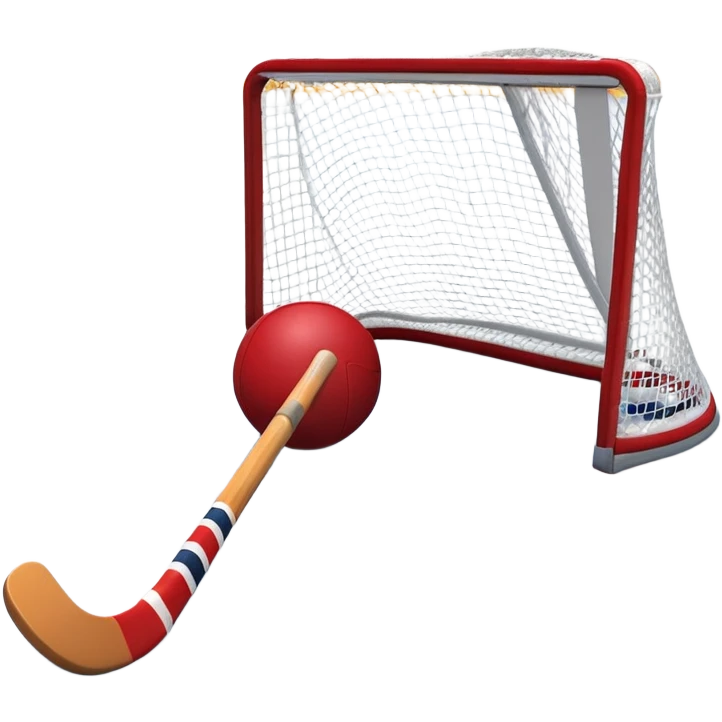 A red ball and hockey stick resting on an ice rink, with the goalposts and clear markings in the background. The scene captures the unique nature of field hockey with a ball on ice, emphasizing the speed and precision of the sport in a cold, competitive atmosphere. emoji