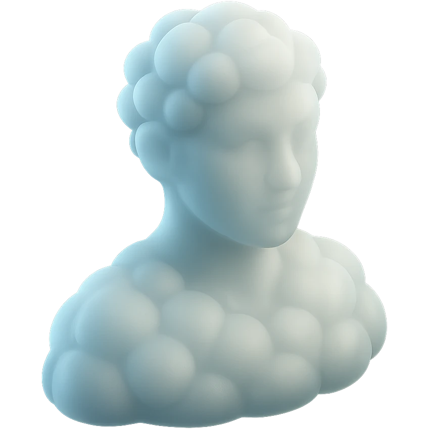 person looking straight, shoulders up, fully composed of white fluffy convex clouds, matte glass style, clouds voluminous and soft emoji