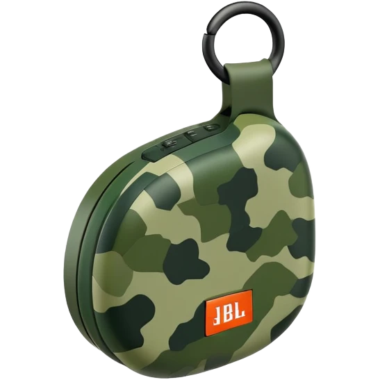 Extremely minimalist JBL Clip 4, basic geometric shape with just 2-3 green camouflage spots, iOS emoji style emoji
