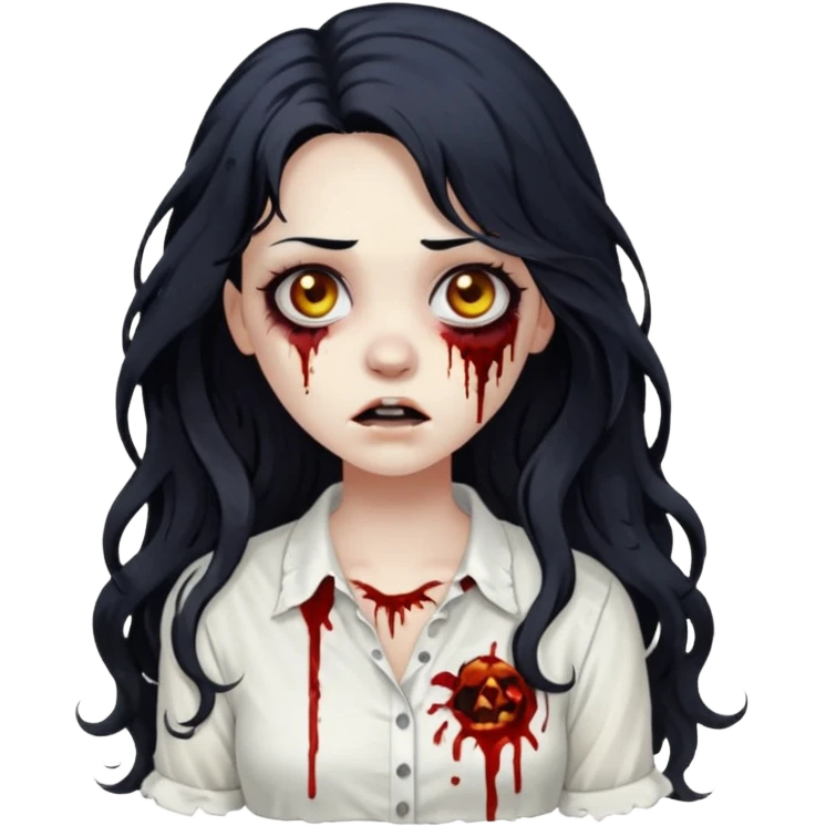 garota zumbi com cabelo preto ondulado longo blusa branca emoji