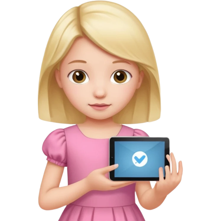 kid girl hold a tablet, pink dress emoji