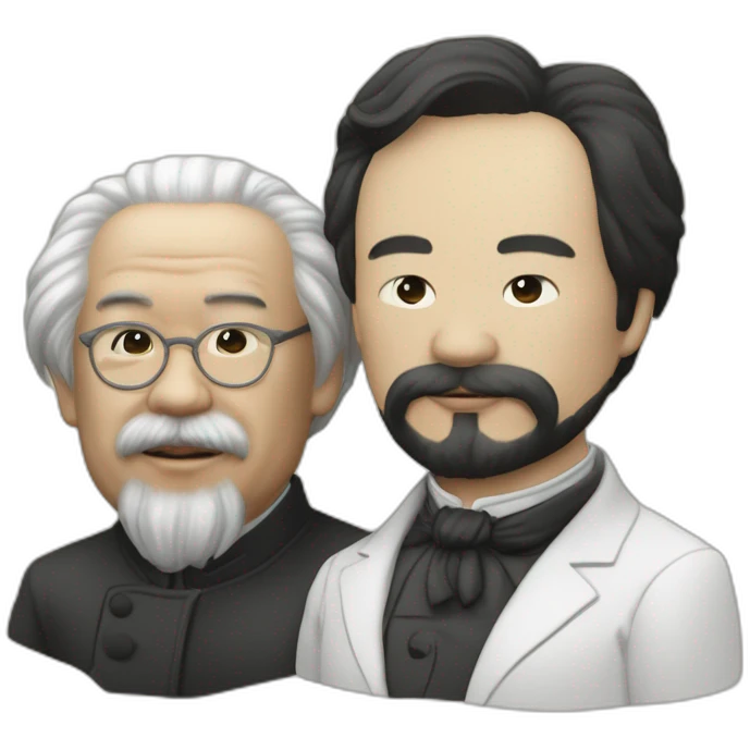 Li Hongzhi and Karl Marx, two human mentors, arm in arm，team up，rub shoulders, hooking up emoji