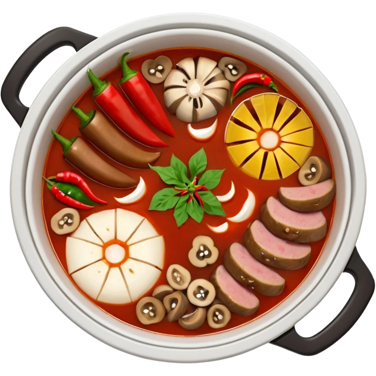 A hot pot emoji in top-down view. The pot is divided into two sections: one with spicy red broth filled with chili peppers, and one with mild white broth. Surround the pot with rolled slices of meat, vegetables, and mushrooms. emoji