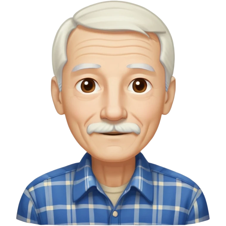 Elderly thin man with light skin. Elongated face with kind smile. Long straight white hair reaching down to chest, with some bangs. Light brown eyes. Thin eyebrows. White goatee and mustache. Very slim build. Wearing a blue and beige plaid shirt. emoji