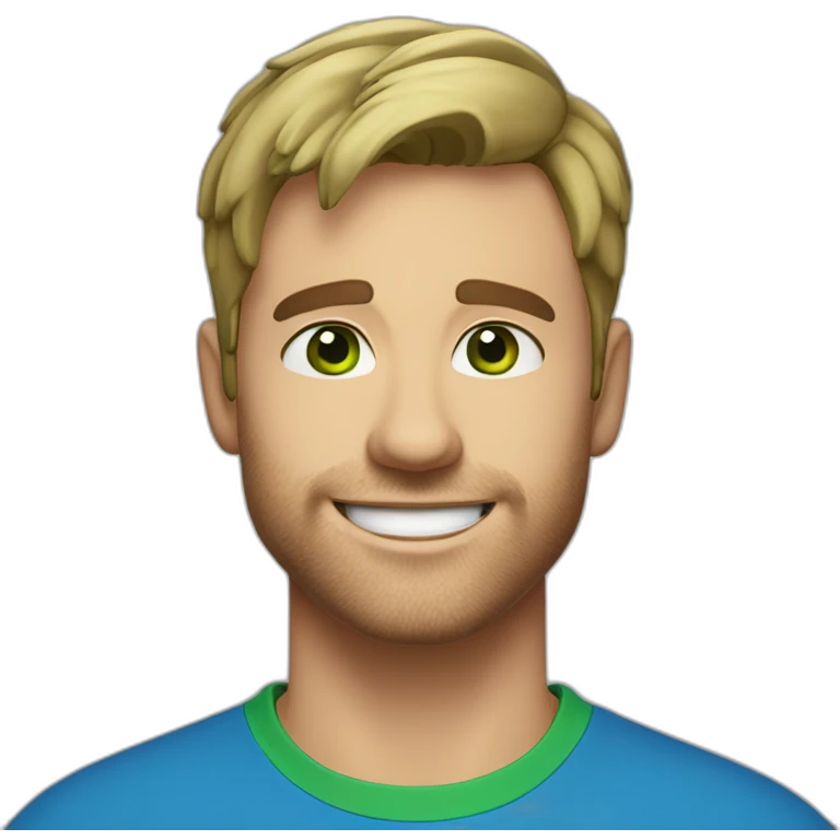 35 year old guy smiling with short fair hair, medium stubble , blue eyes and with green t-shirt emoji
