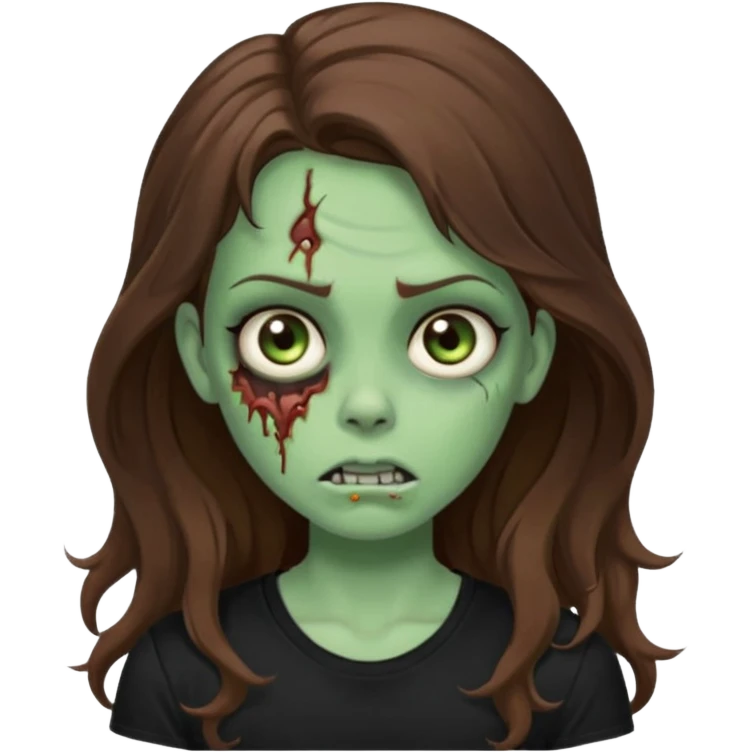 crie uma garotazoombie cabelo ondulado 2c longo castanho castanho comprido e blusa básica preta sem nada com pele esverdeada com rosto fofo  emoji