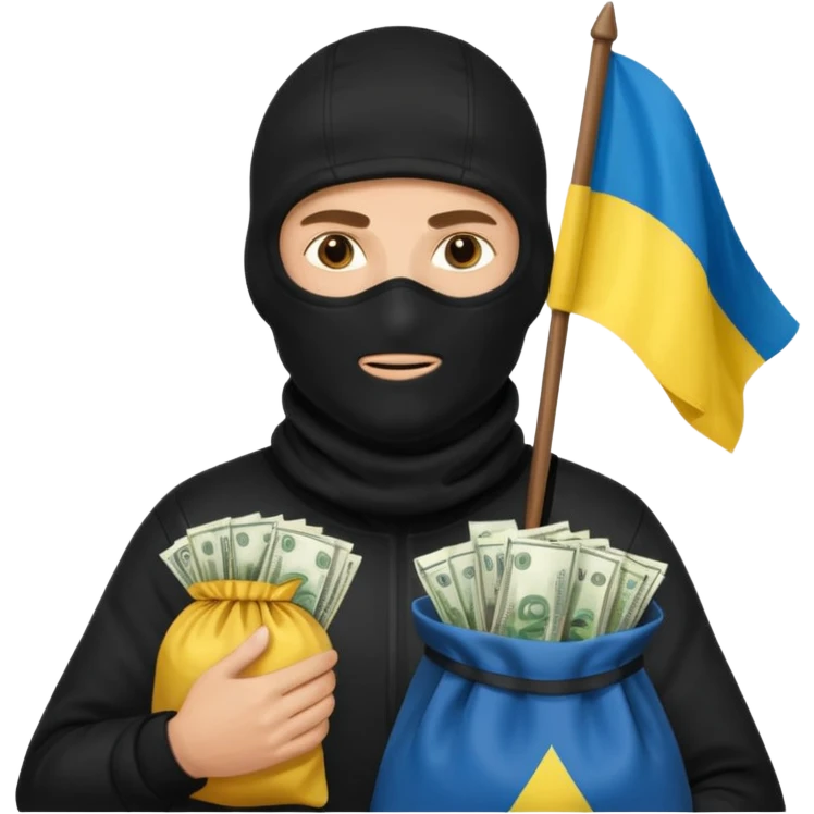 создай реалистичного белого украинца в черное одежде и черной балаклаве и в руках большой мешок денег с флагом украины на нем emoji