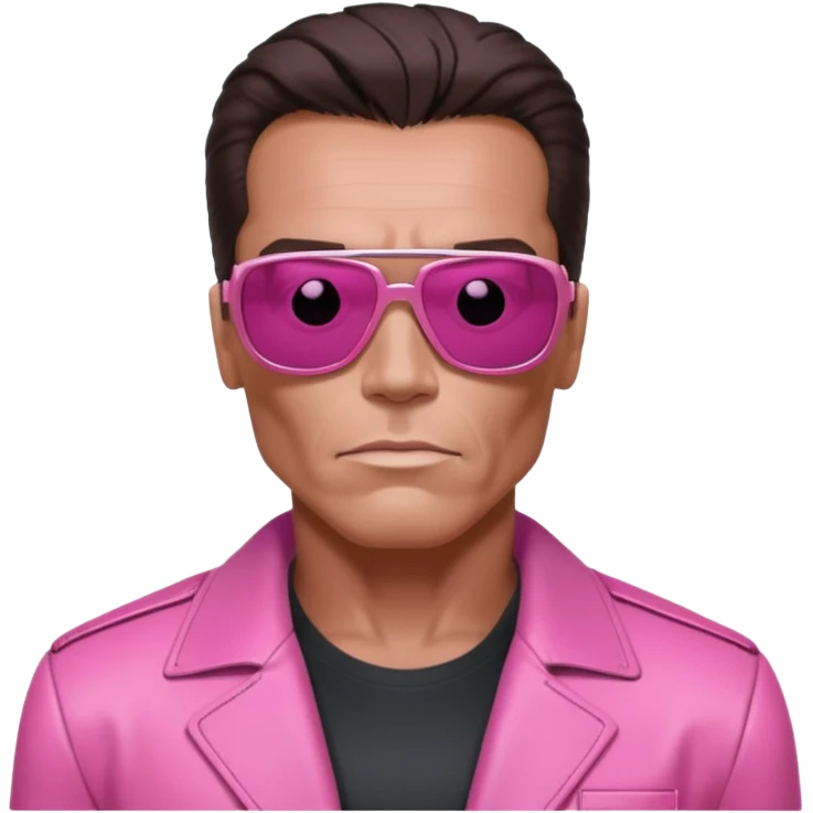 Schwarzenegger-like Terminator, upper body only, wearing his iconic clothes in pink (all clothes must be pink), looking more human with minimal robotic details, and wearing dark sunglasses, hair must be dark emoji