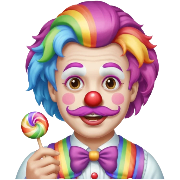 Funny clown — rainbow wig, mustache, candy in hand emoji