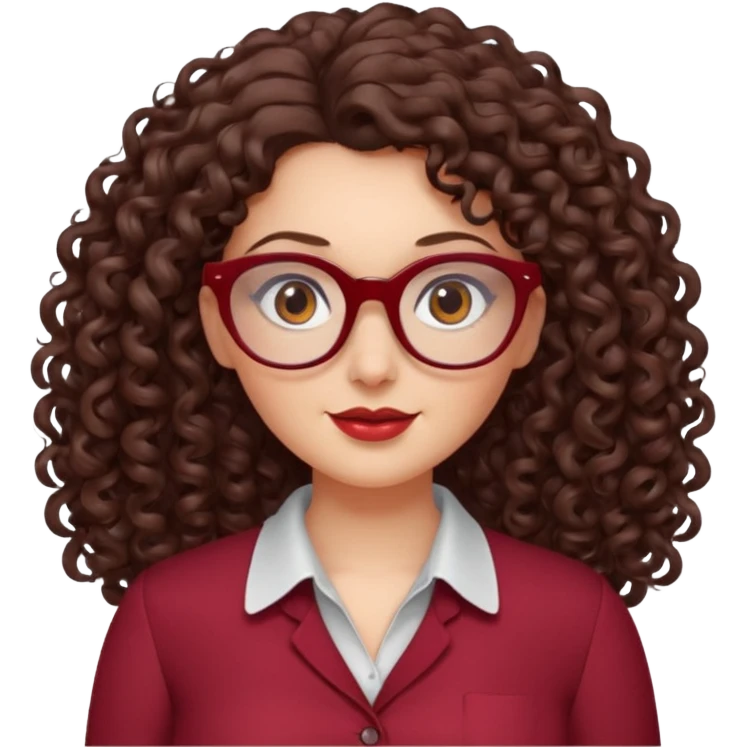 brunette , curly long hair , gray eyes , dark red glasses , curvy emoji