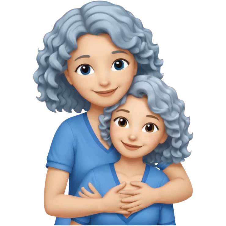 Silver hair, wavy/curly hair chin-length lady giving hug with 2 arms,  v-neck and smiling, add a heart, blue shirt emoji
