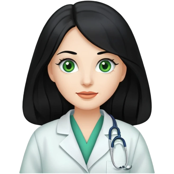 Woman with long, Black hair and with green eyes in dentist robe emoji