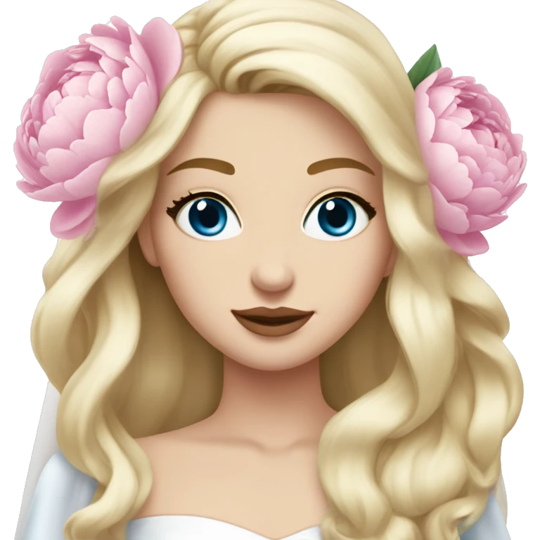 White bride with long light blonde hair and blue eyes with light pink peonies in hair white skin  emoji