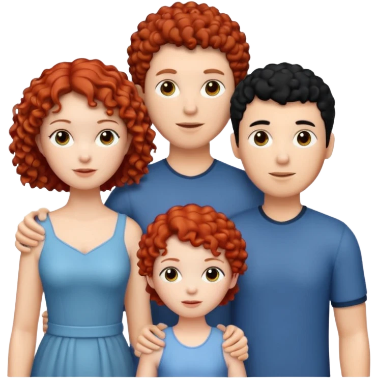 crie uma figurinha com uma família de três uma mulher branca de cabelo  cacheado curto vermelho um homem branco de cabelos preto e uma menina branca de cabelos cacheados preto emoji