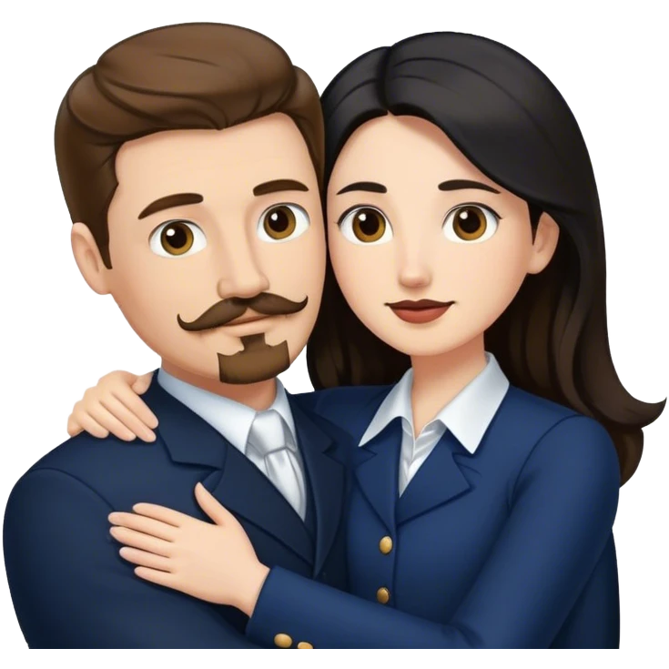 tall white man with brown hair goatee mustache hugging a pale woman with long black hair, wearing navy formal clothing emoji