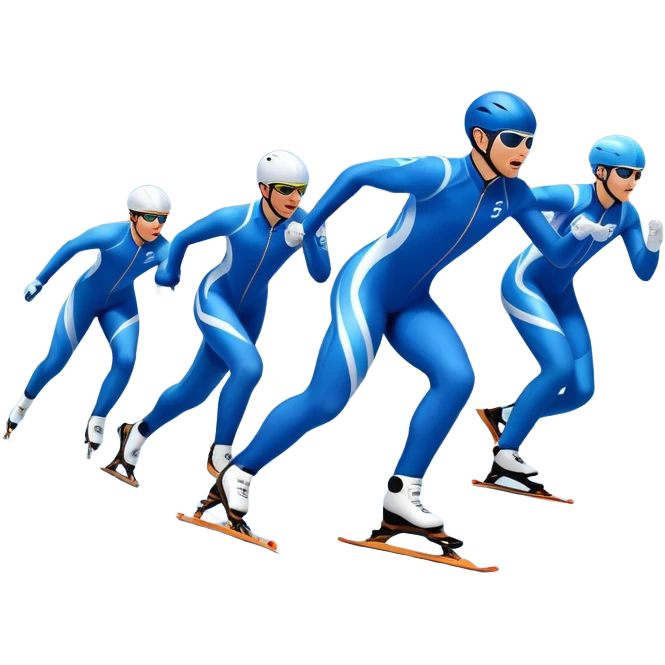 An icon showing speed skaters in aerodynamic suits racing on a professional oval ice track under a bright blue sky. Motion lines emphasize speed, with cheering crowds and snowy mountains in the background. Transparent background captures the energy of speed skating. emoji