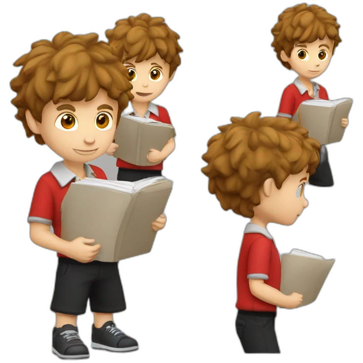 Caucasian-boy-child-shaggy-brown-hair-red-polo-shirt-black-trousers-doing-homework emoji