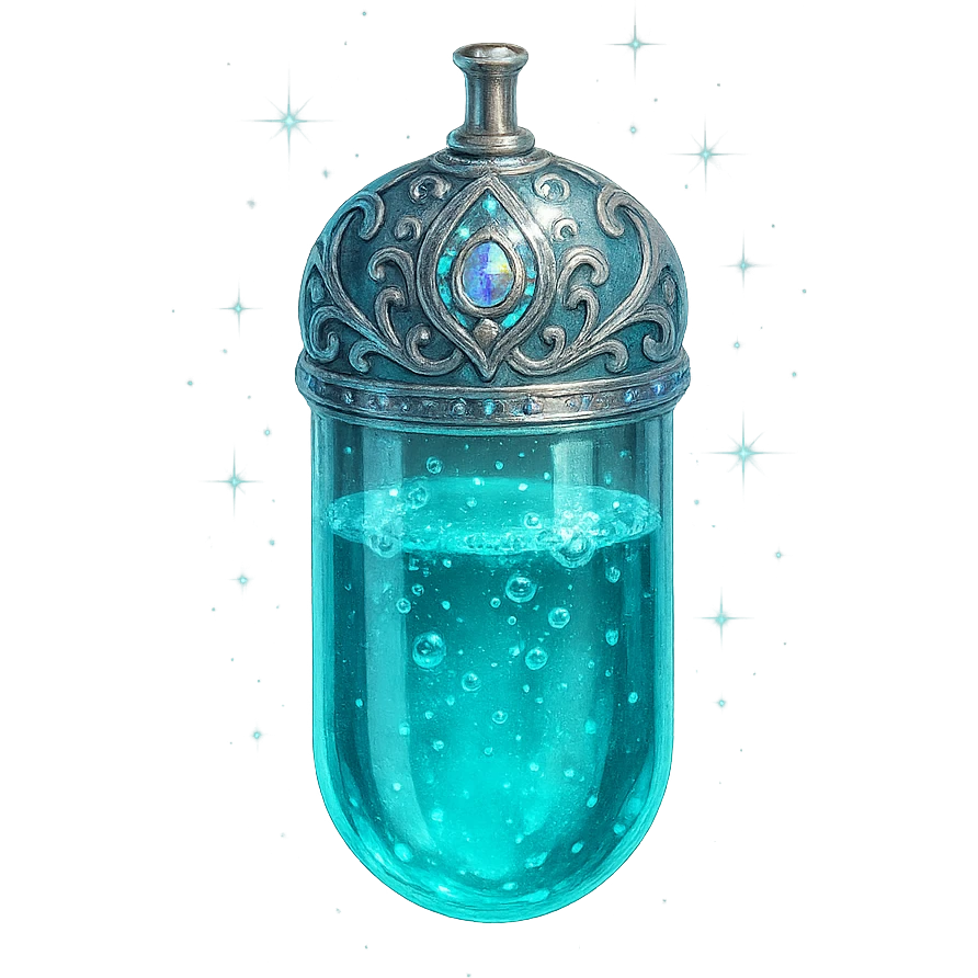 luxurious crystal elixir bottle in capsule (tablet) shape, cyan color, ornate silver and iridescent details, magical glowing and sparkling effects, very small neck, seamless bottom, transparent background, bottle clearly floating in air, no base or shadow, modern, collection style emoji