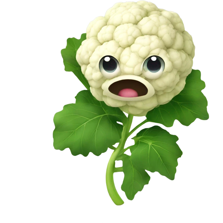 Cauliflower with cute big eyes holding a mirror, surrounded by leaves. emoji