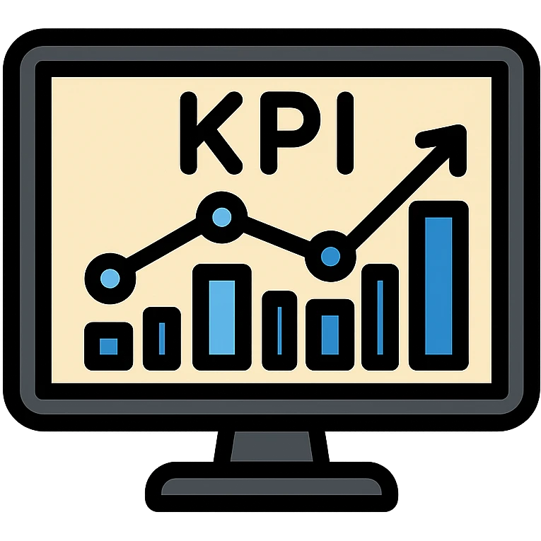 flat vector KPI dashboard icon, black rectangular screen frame, light background, four accent-colored blue bars in rising bar chart, simple line graph and data points overlay, minimal analytical tech-savvy emoji